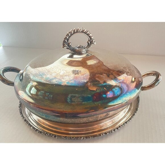 Antique Simpson Hall Miller 3pc Silverplate Dish w/ Lid & Base, Patina - Picture 2 of 8